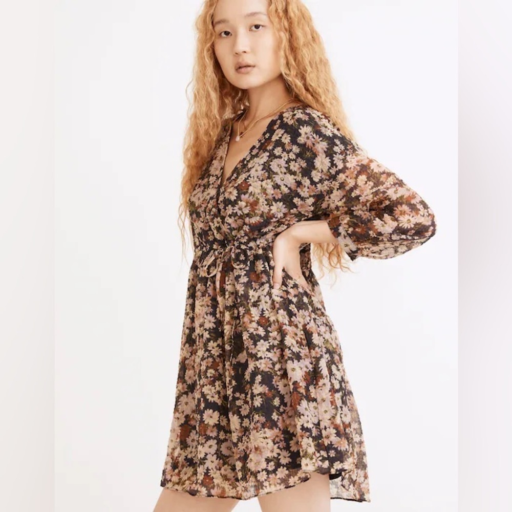 Madewell Drawstring Faux-Wrap Mini Dress in Floral Daisy Reverie size Small